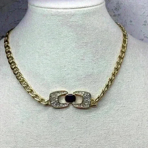 Vintage Gold Black and Rhinestone Necklace - Picture 1 of 2